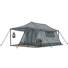 Grey Camping Tent with Backpack and Lantern Illustration