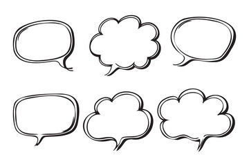 Set of six hand-drawn comic speech and thought bubbles with different shapes on white background