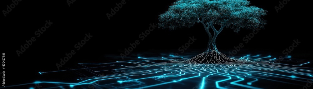 Poster A glowing tree connected to an illuminated circuit board network