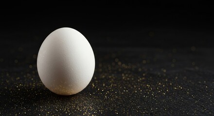 White chicken egg standing on a dark background with gold glitter and bokeh. A simple and elegant concept for Easter and springtime themes.