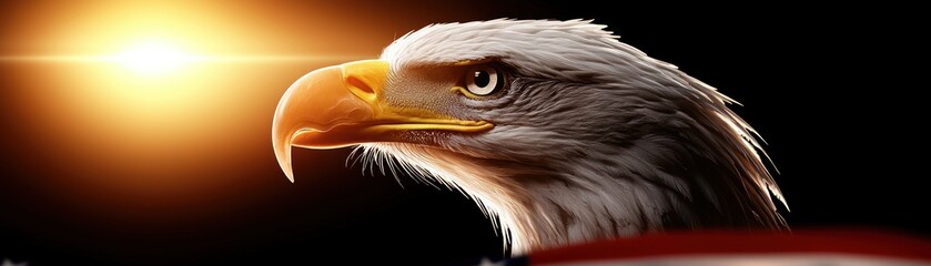 A majestic bald eagle profile against a dark background with sunlight