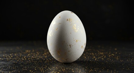 White chicken egg with gold leaf decoration on a dark background with golden sparkles, concept for Easter holiday and celebration.