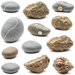Various smooth stones and a seashell