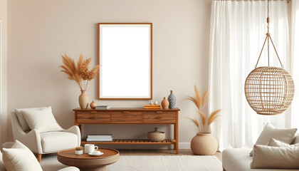 Beige boho interior of living room with mock up poster frame, elegant accessories, dried flowers in vase, wooden console and hanging rattan hut in stylish home decor, color sketch. White tone