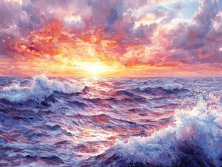 Vibrant sunset over a restless ocean, waves crashing, colors of orange, pink, and purple dominate the sky and water
