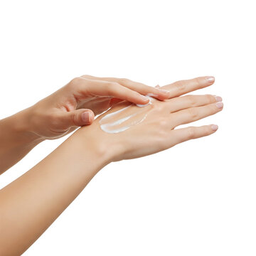 Two hands are shown applying a dollop of white cream onto the back of one hand against a transparent background