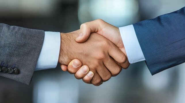 Two happy diverse professional business men executive leaders shaking hands after successful financial deal at group board office meeting. Trust agreement company trade partnership handshake concept.