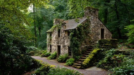 Fototapeta premium Stone House nestled in Lush Green Forest .