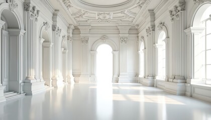 Obraz premium Luxurious white baroque interior. Ornate ceilings windows, bright background. Concept of opulence, luxury, historic architecture. Empty hall with columns arches. Perfect for backgrounds. Ideal for
