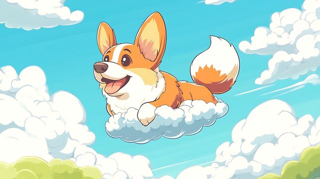 Cartoon corgi floating on a cloud