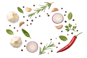 Aromatic herbs garlic chili and onions swirl in a vibrant culinary dance
