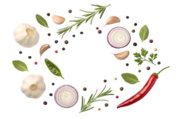 Aromatic herbs garlic chili and onions swirl in a vibrant culinary dance