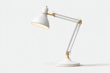 Sleek white desk lamp with gold accents, minimalist design, perfect for modern workspace.