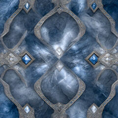 Intricate Gemstone Pattern: A close-up showcases an ornamental design of embedded gemstones within a seamless geometric composition. The interplay of texture, color.