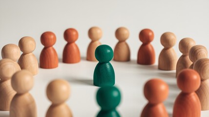 Obraz premium A green wooden figure stands out among a circle of beige and orange figures, symbolizing individuality.