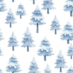 Watercolor Seamless Pattern of Snowy Blue Fir Trees