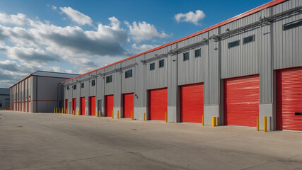 Row of Storage Units with Bold Red Garage Doors and Metal Siding