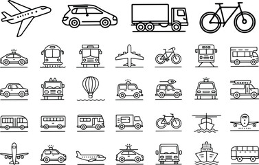 transportation icons set car, bus, aroplain, train, ship, truck, parashoot, cycle etc.