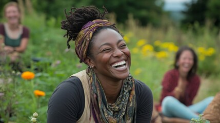 A joyful Black woman laughs heartily amidst a vibrant flower garden