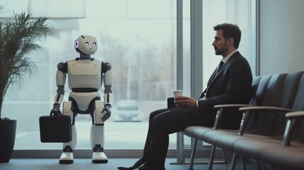 Businessman, AI robot sit in waiting room for job interview. Man holds coffee cup, stares thoughtfully. Robot holds briefcase. Futuristic scene represents future employment challenges, competition.