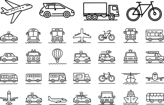 transportation icons set car, bus, aroplain, train, ship, truck, parashoot, cycle etc.