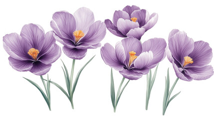 Fototapeta premium Elegant Purple Crocus Flowers in PNG transparent background Composition