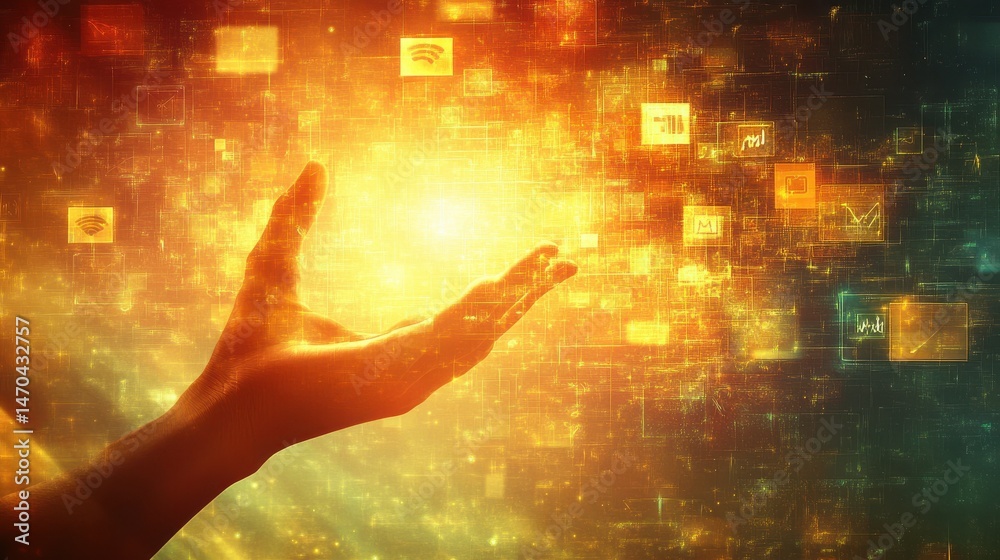 Poster cloud computing concept with digital screen with glowing cloud and application icons above man hand 