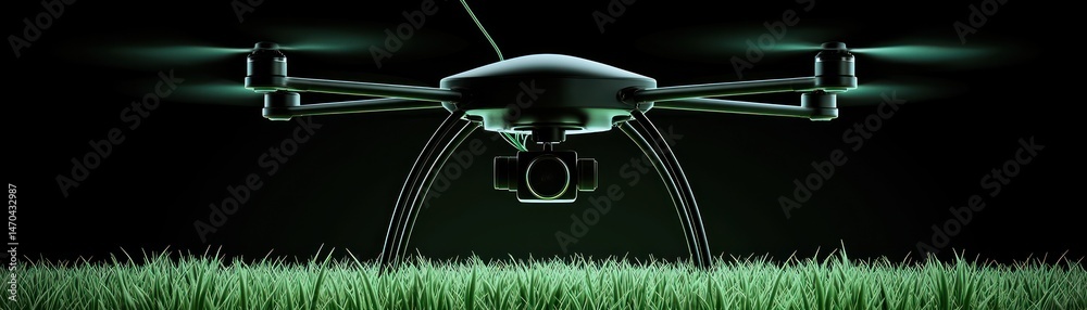 Poster a hovering quadcopter drone with blades shining above green grass