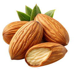 High-Resolution Almonds PNG with Natural Texture and Green Leaves Isolated on White Background

