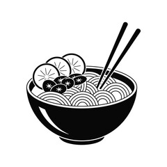Ramen Bowl Silhouette: A minimalist black and white silhouette of a steaming bowl of ramen noodles with chopsticks, garnished with a few slices of lemon and a handful of edible toppings.