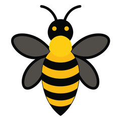 A cute yellow cartoon bee, a happy flying insect with black stripes, carries sweet honey
