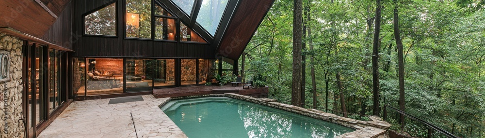 Poster architectural home with pool and forest vista and surrounding trees