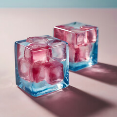 Pink Tinted Ice Cubes in Blue Glasses Refreshment