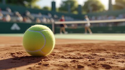 Tennis Ball on Clay Court with Players in Background Match Point