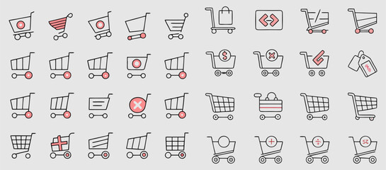 shopping cart icon set in action, line version, vector eps।. Shopping Cart Line Icons.
