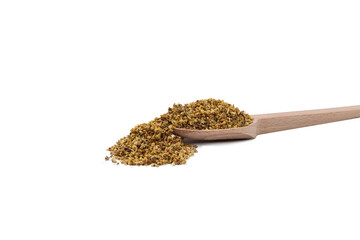 dried flowers of black lilac or black elder in latin sambuci flos on wooden spoon isolated on white background.  Herbs. Alternative medicine.