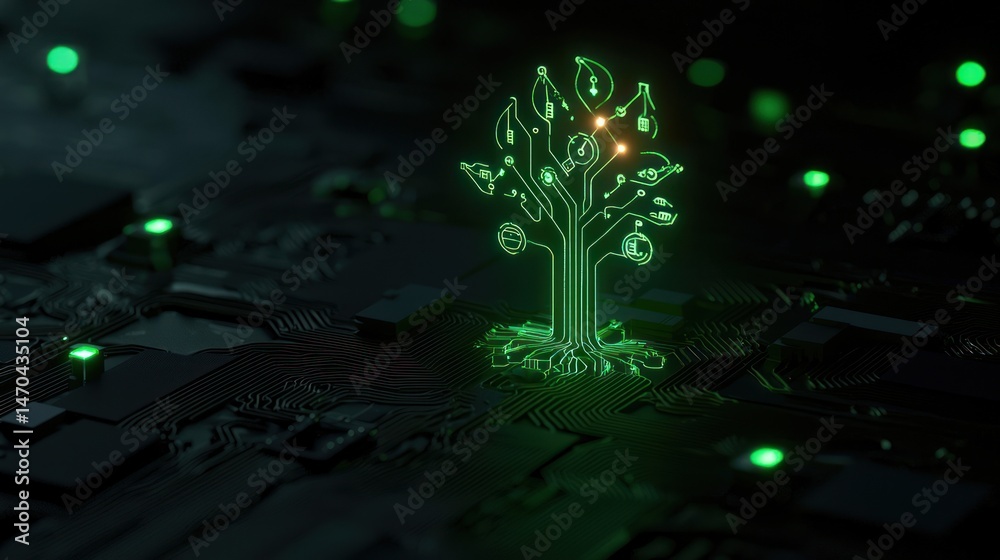 Poster a glowing circuit board tree symbolizes technological growth in the dark