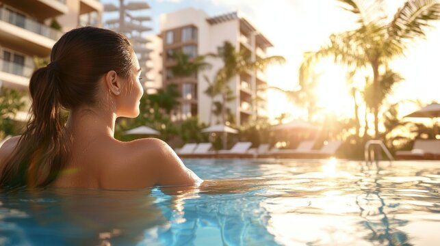 Woman relaxing in a resort pool at sunset