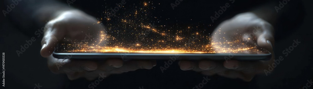 Poster person holding glowing digital data from a modern touchscreen device