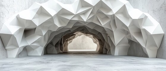 Abstract polygonal cave entrance in a concrete setting, showcasing a dramatic interplay of light and shadow within the geometric forms
