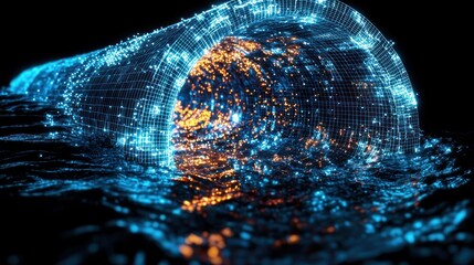 Abstract digital tunnel, glowing particles flow through a wireframe structure emerging from dark water