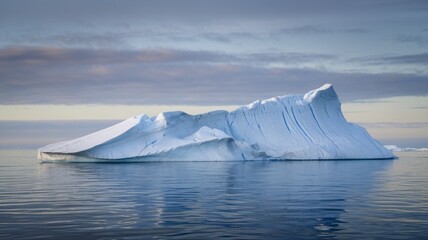Majestic iceberg floating in still waters under a serene sky, showcasing natural beauty and tranquility.