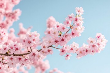 Delicate pink cherry blossoms against a pale blue sky.