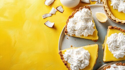 Delicious lemon meringue pie slices with whipped cream on vibrant background