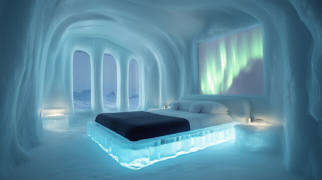 ice hotel with aurora projections