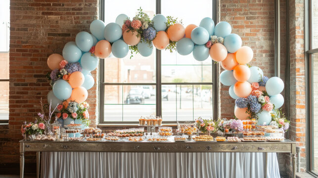 A photo of an arch made from pastel blue, peach and lavender balloons with small flowers wrapped around the bottom edges, standing next to metallic silver food bar at boho themed party venue.
