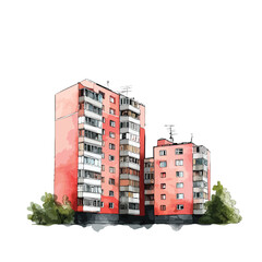 Apartment complex, watercolor illustration isolated