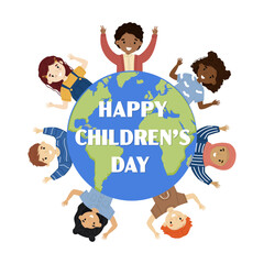Happy Children's Day celebration banner. An illustration of the planet Earth and a group of kids of different race and culture.