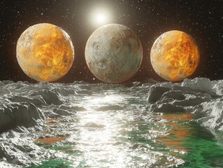 Three fiery planets dominate a desolate, rocky landscape reflected in a tranquil, green body of water under a bright sun