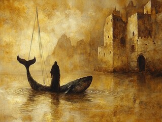 A lone figure on a whale sails towards a mysterious, ancient castle at sunset.  Golden hues dominate the scene